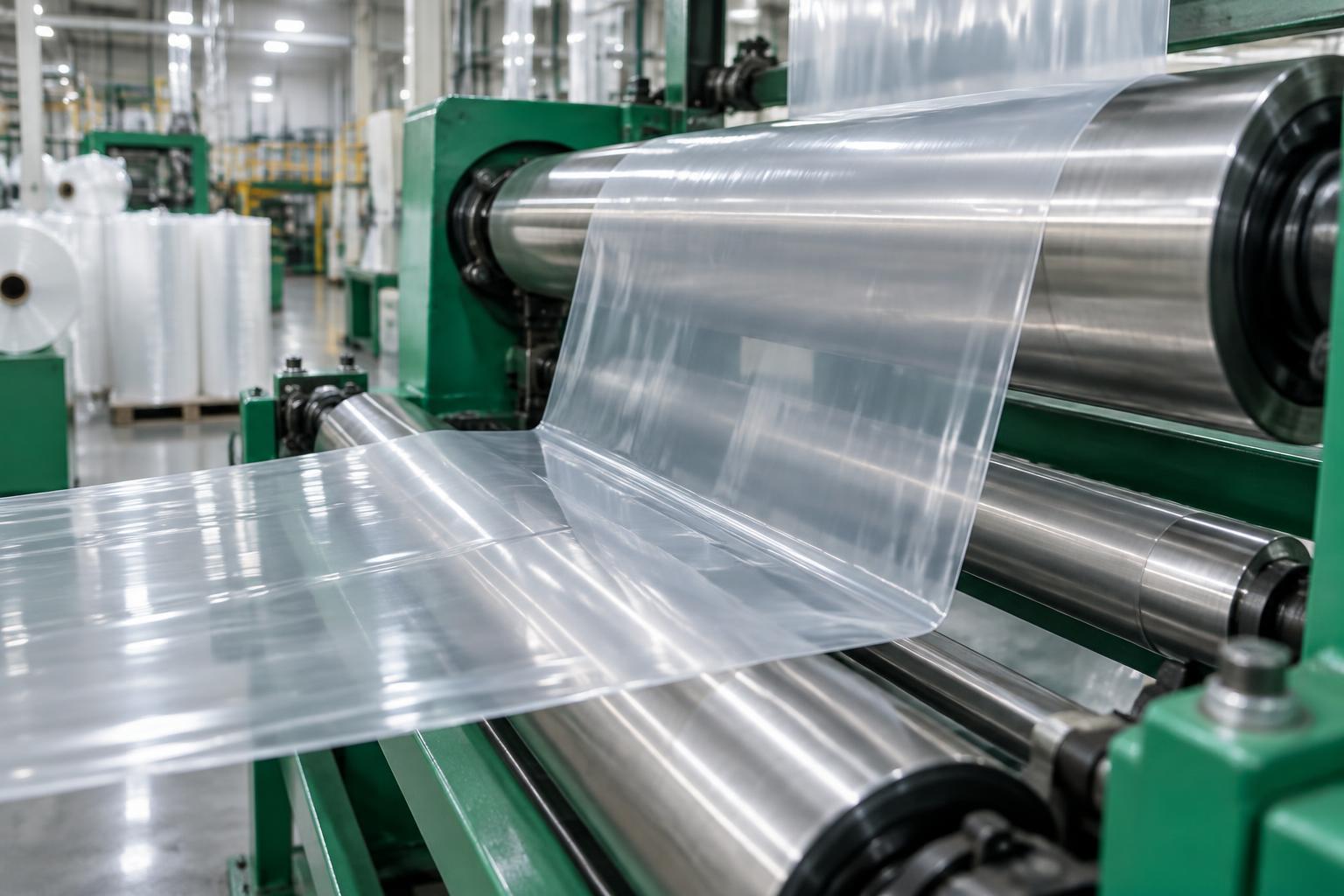 Transparent LDPE film moving through production rollers